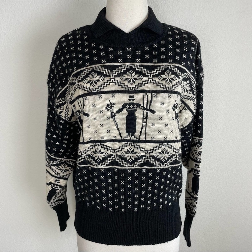 Nils Black Tan Skier Print Ski Sweater Vintage Large
